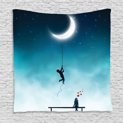Ambesonne Fantasy Tapestry, Characters Climbing to the Moon and Sitting on Bench Love Romance Themed Art, Wall Hanging for Bedroom Living Room Dorm Decor, 60" X 80", Teal and White