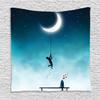 Ambesonne Fantasy Tapestry, Characters Climbing to the Moon and Sitting on Bench Love Romance Themed Art, Wall Hanging for Bedroom Living Room Dorm Decor, 60" X 80", Teal and White view 1