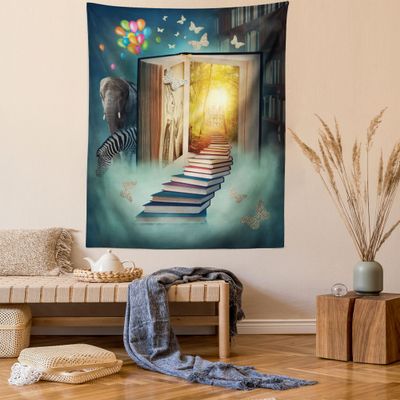 Ambesonne Fantasy Tapestry, Upstairs to Magic Book Forest Balloon Zebra Animal Butterflies, Wall Hanging for Bedroom Living Room Dorm Decor, 40" X 60", Teal Yellow