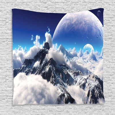 Ambesonne Fantasy Tapestry, Celestial View of Snow Capped Mountains and Alien Planet Print, Wall Hanging for Bedroom Living Room Dorm Decor, 40" X 60", White and Navy Blue