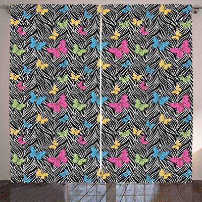 Ambesonne Zebra Print Curtains, Colorful Butterflies on Zebra Abstract Print Summer Jungle Floral Artwork, Living Room Bedroom Window Drapes 2 Panel Set, 108" X 90", Yellow Blue Pink