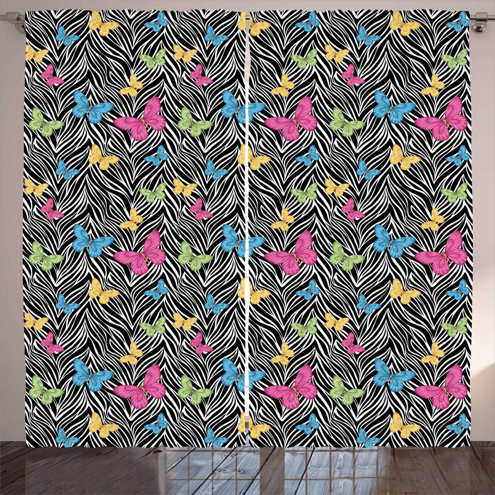 Ambesonne Zebra Print Curtains, Colorful Butterflies on Zebra Abstract Print Summer Jungle Floral Artwork, Living Room Bedroom Window Drapes 2 Panel Set, 108" X 90", Yellow Blue Pink