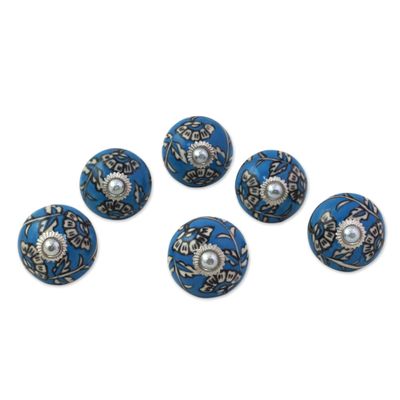 NOVICA Handmade Artisan Ceramic Cabinet Knobs Charming Blue Flowers