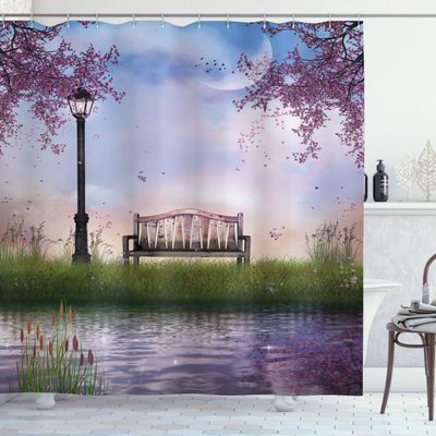Ambesonne Nature Shower Curtain, Bench on Flowing River with Crescent Moon Lavender Trees and Grass Illustration, Cloth Fabric Bathroom Decor Set with Hooks, 69" W x 70" L, Purple Jade Green