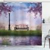 Ambesonne Nature Shower Curtain, Bench on Flowing River with Crescent Moon Lavender Trees and Grass Illustration, Cloth Fabric Bathroom Decor Set with Hooks, 69" W x 70" L, Purple Jade Green view 1