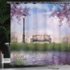 Ambesonne Nature Shower Curtain, Bench on Flowing River with Crescent Moon Lavender Trees and Grass Illustration, Cloth Fabric Bathroom Decor Set with Hooks, 69" W x 70" L, Purple Jade Green view 3