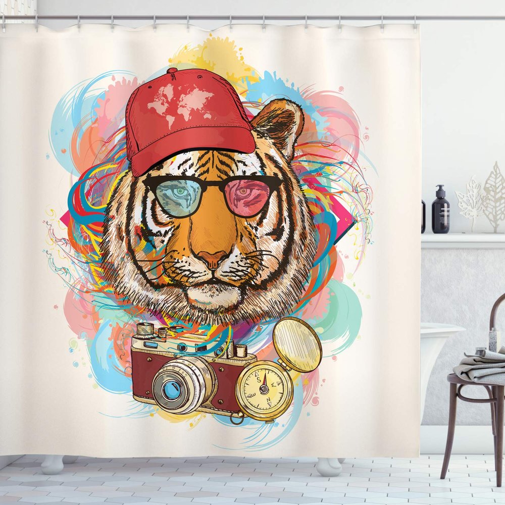 Ambesonne Animal Shower Curtain, Hipster Rapper Tiger Sunglasses Hat and Camera Artist Hippie Comic Print, Cloth Fabric Bathroom Decor Set with Hooks, 69" W x 84" L, Eggshell Multicolor