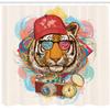 Ambesonne Animal Shower Curtain, Hipster Rapper Tiger Sunglasses Hat and Camera Artist Hippie Comic Print, Cloth Fabric Bathroom Decor Set with Hooks, 69" W x 84" L, Eggshell Multicolor view 2