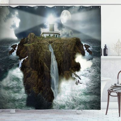 Ambesonne Lighthouse Shower Curtain, Island Rocks Stormy Sea Crashing Waves Full Moon Beams, Cloth Fabric Bathroom Decor Set with Hooks, 69" W x 75" L, Grey White Brown