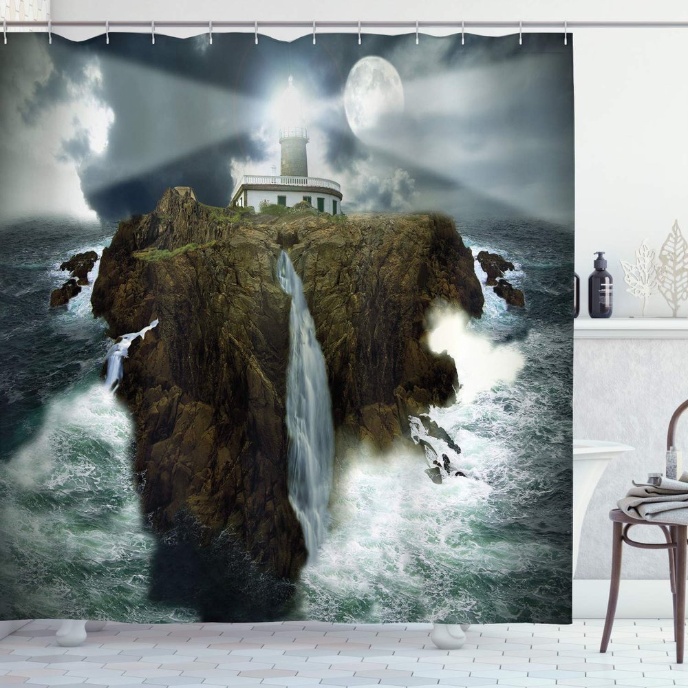 Ambesonne Lighthouse Shower Curtain, Island Rocks Stormy Sea Crashing Waves Full Moon Beams, Cloth Fabric Bathroom Decor Set with Hooks, 69" W x 75" L, Grey White Brown