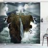 Ambesonne Lighthouse Shower Curtain, Island Rocks Stormy Sea Crashing Waves Full Moon Beams, Cloth Fabric Bathroom Decor Set with Hooks, 69" W x 75" L, Grey White Brown view 1