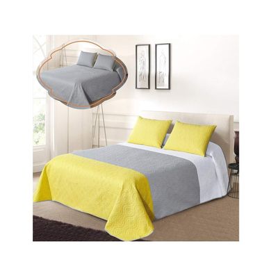 All American Collection New 3pc Solid Three Color Combination Reversible Bedspread Set (Full/Queen Size, White/Grey/Yellow)
