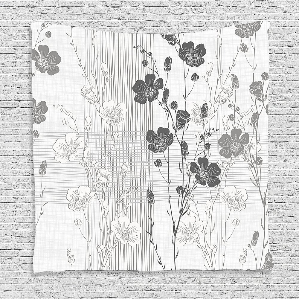 Ambesonne Flower Tapestry, Blooming Buds and Hibiscus Flowers with Simple Striped and Crossed Pattern Print, Wall Hanging for Bedroom Living Room Dorm, 60" X 80", Grey White
