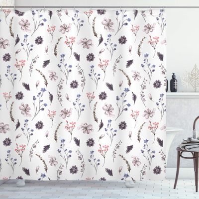 Ambesonne Flower Shower Curtain, Natural Springtime Lavender Orchids Bluebonnets and Wildflowers Cottage Theme, Cloth Fabric Bathroom Decor Set with Hooks, 69" W x 84" L, Violet White