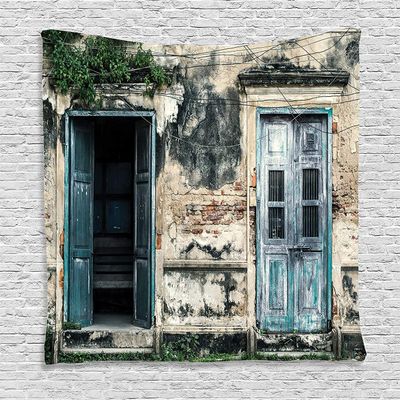 Ambesonne Rustic Tapestry, Doors of Old Rock House French Frame Details in Countryside European Past Theme, Wall Hanging for Bedroom Living Room Dorm Decor, 60" X 80", Teal Grey