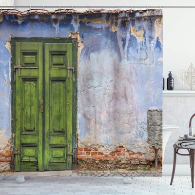 Ambesonne Rustic Shower Curtain, Colored House a Pastel Weathered Door Old Days Back Then Buildings Photo, Cloth Fabric Bathroom Decor Set with Hooks, 69" W x 84" L, Blue Green