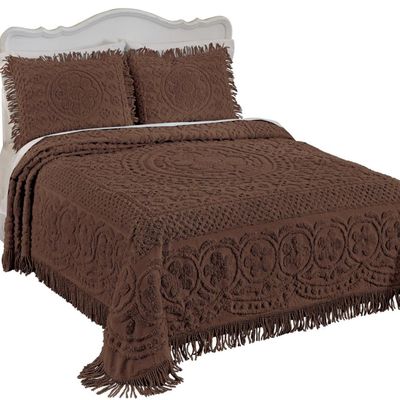Collections Etc Calista Chenille Lightweight Bedspread with Fringe Border, Chocolate, King
