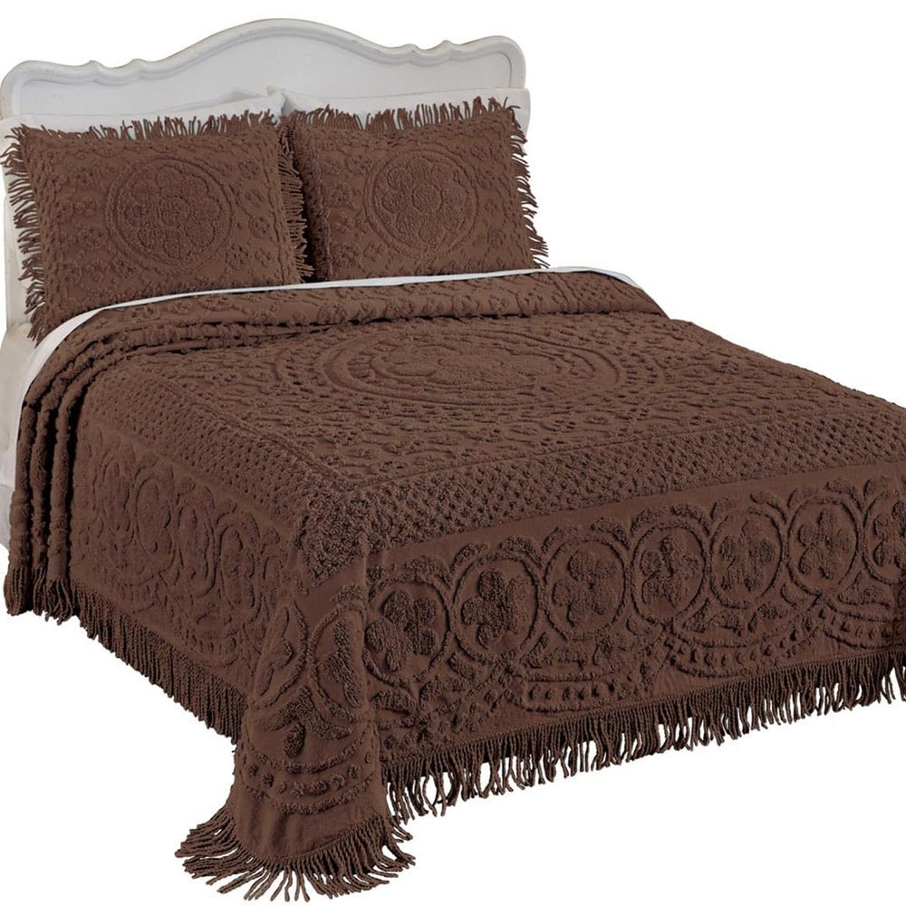 Collections Etc Calista Chenille Lightweight Bedspread with Fringe Border, Chocolate, King