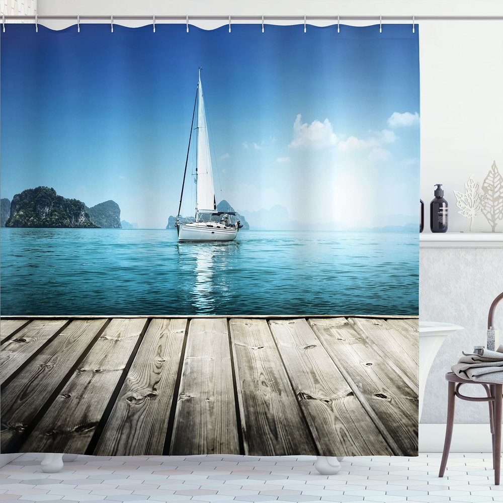Ambesonne Nautical Shower Curtain, Yacht from Wooden Deck Horizon Serenity Seascape Leisure Aquatic Coastal Theme, Cloth Fabric Bathroom Decor Set with Hooks, 69" W x 75" L, Blue Brown
