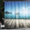 Ambesonne Nautical Shower Curtain, Yacht from Wooden Deck Horizon Serenity Seascape Leisure Aquatic Coastal Theme, Cloth Fabric Bathroom Decor Set with Hooks, 69" W x 75" L, Blue Brown view 3