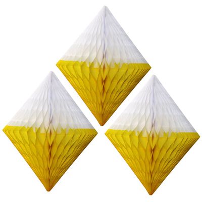 Large 12 Inch Hanging Honeycomb Diamond Decoration, Set of 3 (Yellow/White)
