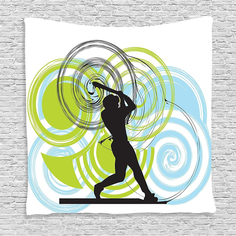Ambesonne Baseball Tapestry, Baseball Player with Circles on His Bat Wild Pitch Fast Win Do It, Wall Hanging for Bedroom Living Room Dorm Decor, 60" X 80", Green Blue Black
