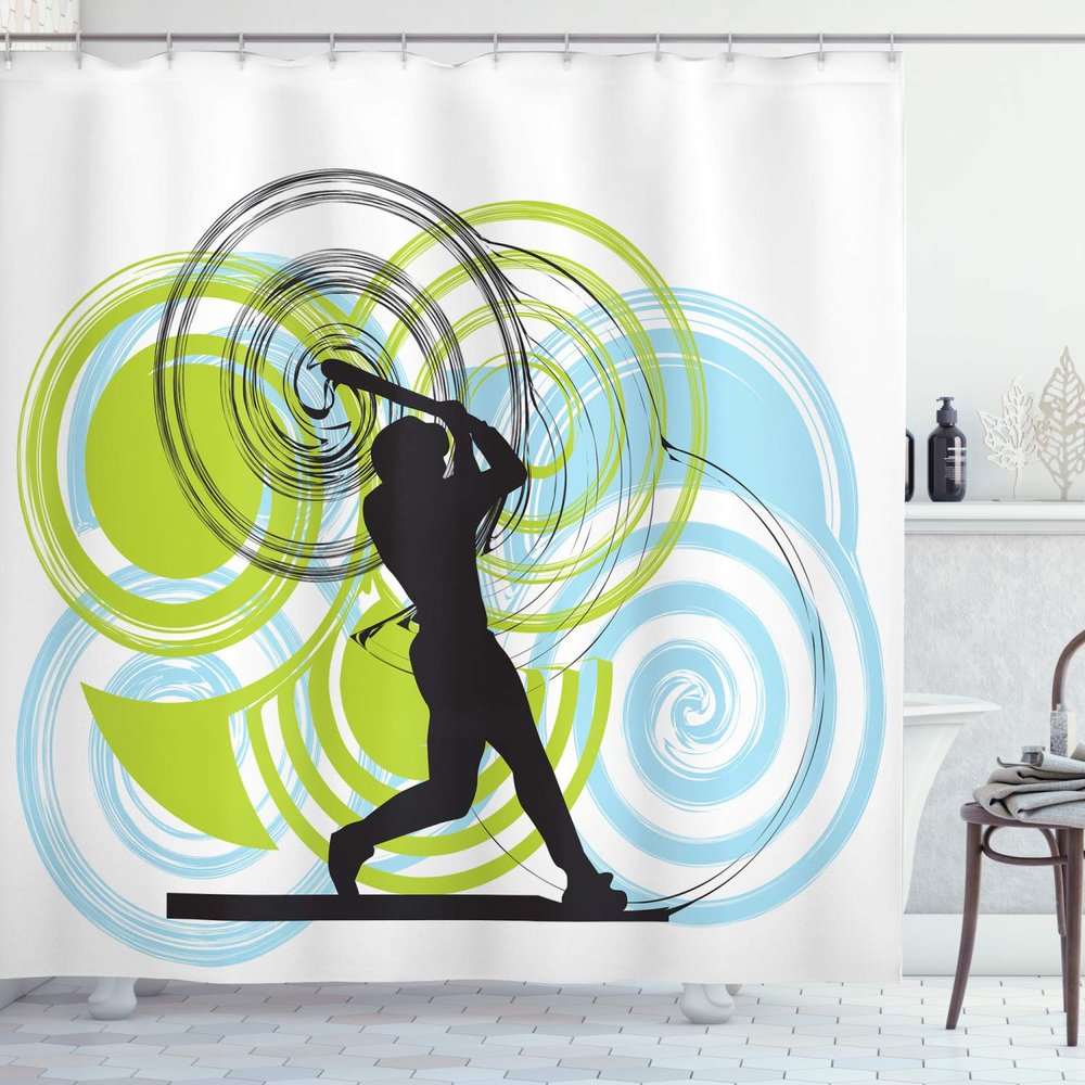 Ambesonne Baseball Shower Curtain, Baseball Player with Circles on His Bat Wild Pitch Fast Win Do It, Cloth Fabric Bathroom Decor Set with Hooks, 69" W x 84" L, Green Blue Black