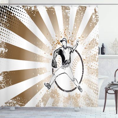 Ambesonne Baseball Shower Curtain, Retro Illustration of Baseball Player on Distressed Striped Pattern Pop Art Image, Cloth Fabric Bathroom Decor Set with Hooks, 69" W x 84" L, Brown White