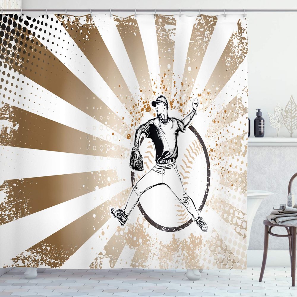 Ambesonne Baseball Shower Curtain, Retro Illustration of Baseball Player on Distressed Striped Pattern Pop Art Image, Cloth Fabric Bathroom Decor Set with Hooks, 69" W x 84" L, Brown White