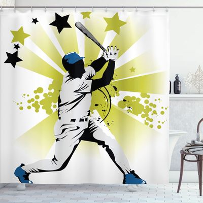 Ambesonne Baseball Shower Curtain, Pitcher Hits The Ball Fast Stars All Over The Bat Speed Strong Game Team Graphic, Cloth Fabric Bathroom Decor Set with Hooks, 69" W x 84" L, White Green