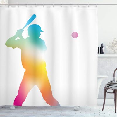 Ambesonne Baseball Shower Curtain, Colorful Reflection of Baseball Player Batter Softball Hitter Swinging Arms Print, Cloth Fabric Bathroom Decor Set with Hooks, 69" W x 84" L, White Multicolor