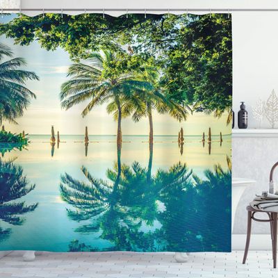 Ambesonne Landscape Shower Curtain, A Pool with Palm Trees on The Surface Region and Hot Spot Climate on Earth Nature Scenery Theme, Fabric Bathroom Decor Set with Hooks, 69" W x 75" L, Blue Green