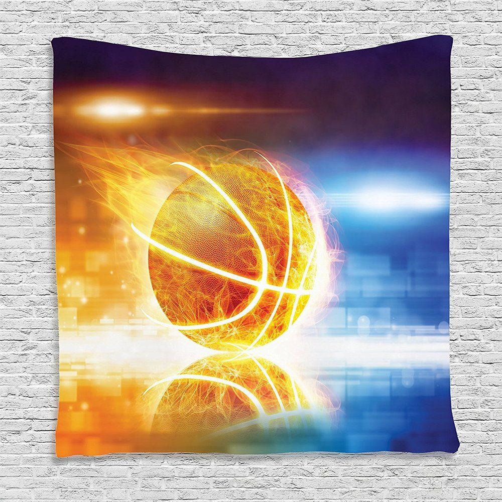Ambesonne Basketball Tapestry, Abstract Sports Background Burning Basketball with Digital Reflection Art Print, Wall Hanging for Bedroom Living Room Dorm Decor, 40" X 60", Blue Yellow
