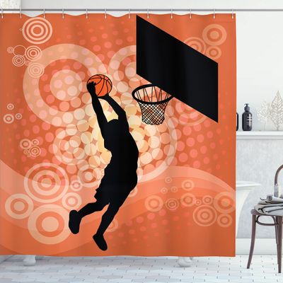 Ambesonne Basketball Shower Curtain, Basketball Player Silhouette Athlete Competition Championship Promotion, Cloth Fabric Bathroom Decor Set with Hooks, 69" W x 84" L, Pale Orange Black