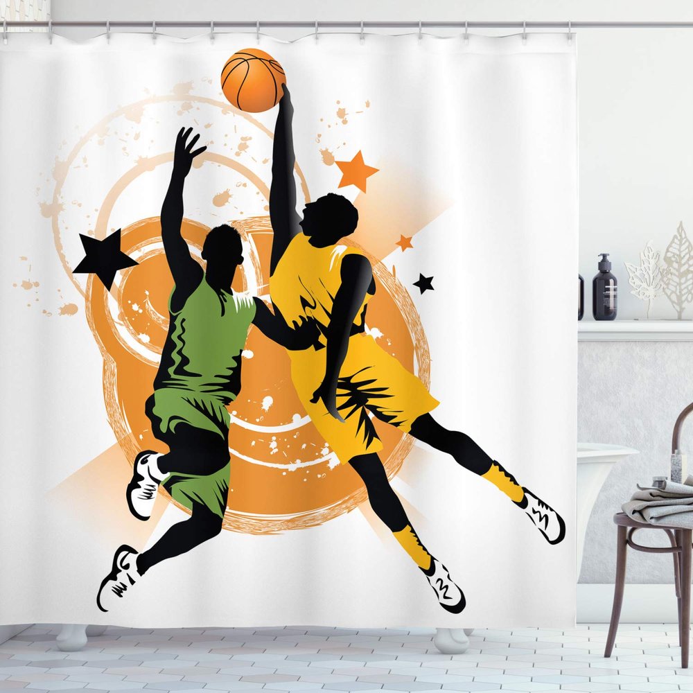 Ambesonne Basketball Shower Curtain, Image of 2 Basketball Players in a Heated Game Rings Stars in The Background, Cloth Fabric Bathroom Decor Set with Hooks, 69" W x 84" L, Orange Green