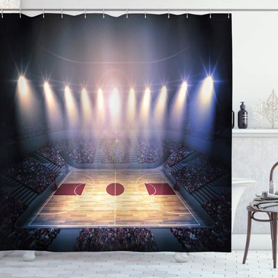 Ambesonne Basketball Shower Curtain, Crowded Basketball Arena Just Before Game Starts Tournament Theme, Cloth Fabric Bathroom Decor Set with Hooks, 69" W x 84" L, Beige Navy Brown