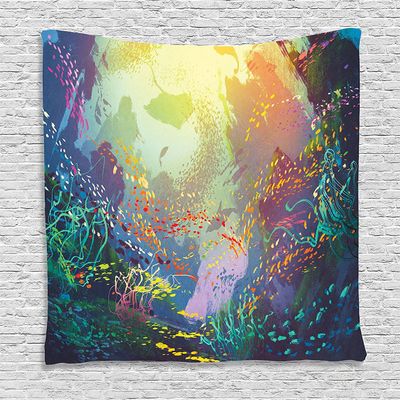 Ambesonne Sea Animals Tapestry, Underwater with Coral Reef and Colorful Fish Aquarium Print, Wall Hanging for Bedroom Living Room Dorm Decor, 60" X 80", Turquoise