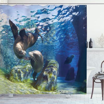 Ambesonne Sea Animals Shower Curtain, Playful California Sea Lions Swimming in Clear Water Undersea World Theme, Cloth Fabric Bathroom Decor Set with Hooks, 69" W x 70" L, Navy Blue Lime