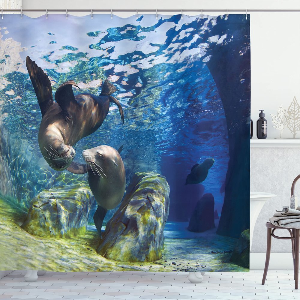 Ambesonne Sea Animals Shower Curtain, Playful California Sea Lions Swimming in Clear Water Undersea World Theme, Cloth Fabric Bathroom Decor Set with Hooks, 69" W x 70" L, Navy Blue Lime