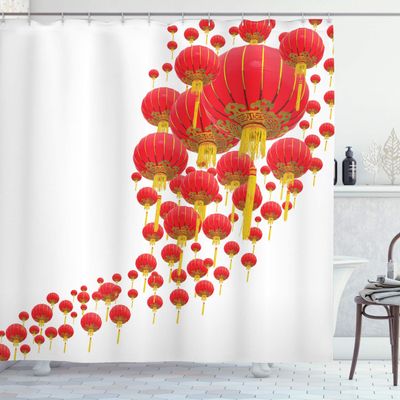 Ambesonne Asian Shower Curtain, Oval Shaped Folkloric Motif Flying Balloon Like Circle Form Illustration, Cloth Fabric Bathroom Decor Set with Hooks, 69" W x 84" L, Vermilion and Mustard