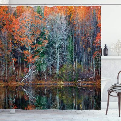 Ambesonne Leaves Shower Curtain, Forest with Tree Reflections Over The Lake Rural Forest Scenic Nature Concept, Cloth Fabric Bathroom Decor Set with Hooks, 69" W x 84" L, Red Brown