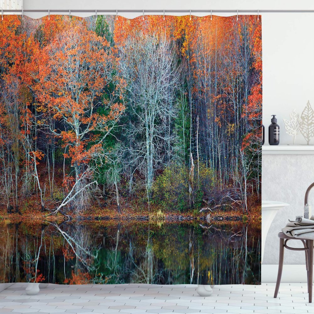 Ambesonne Leaves Shower Curtain, Forest with Tree Reflections Over The Lake Rural Forest Scenic Nature Concept, Cloth Fabric Bathroom Decor Set with Hooks, 69" W x 84" L, Red Brown