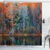Ambesonne Leaves Shower Curtain, Forest with Tree Reflections Over The Lake Rural Forest Scenic Nature Concept, Cloth Fabric Bathroom Decor Set with Hooks, 69" W x 84" L, Red Brown view 1