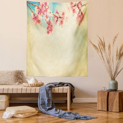 Ambesonne Floral Tapestry, Spring Sakura Flower on Sun Sky Vintage Color Toned Abstract Nature Theme Print, Wall Hanging for Bedroom Living Room Dorm Decor, 60" X 80", Beige Pink Teal