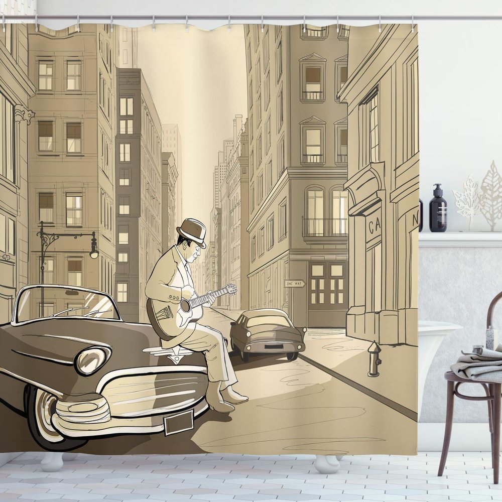Ambesonne Jazz Music Shower Curtain, Illustration of a Guitarist in an Old Street of New York Buildings Music Cityscape, Cloth Fabric Bathroom Decor Set with Hooks, 69" W x 70" L, Beige