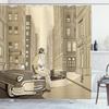 Ambesonne Jazz Music Shower Curtain, Illustration of a Guitarist in an Old Street of New York Buildings Music Cityscape, Cloth Fabric Bathroom Decor Set with Hooks, 69" W x 70" L, Beige view 1