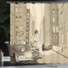 Ambesonne Jazz Music Shower Curtain, Illustration of a Guitarist in an Old Street of New York Buildings Music Cityscape, Cloth Fabric Bathroom Decor Set with Hooks, 69" W x 70" L, Beige view 3
