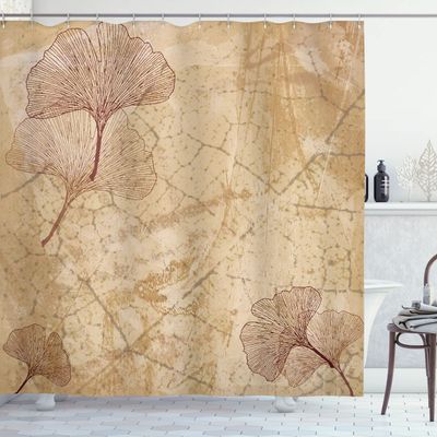 Ambesonne Beige Shower Curtain, Small Large Ginkgo Leaves Pattern Dramatic Dated Fossil Maidenhair Tree Nature Art, Cloth Fabric Bathroom Decor Set with Hooks, 69" W x 84" L, Beige Brown