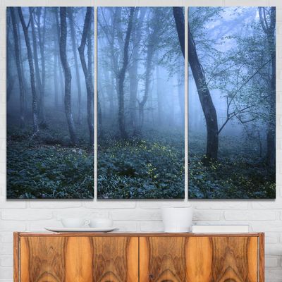 Designart Trail Through Blue Fall Forest-Landscape Photo Canvas Art Print-36x28in-Multipanel 3 Piece, 36x28-3 Panels