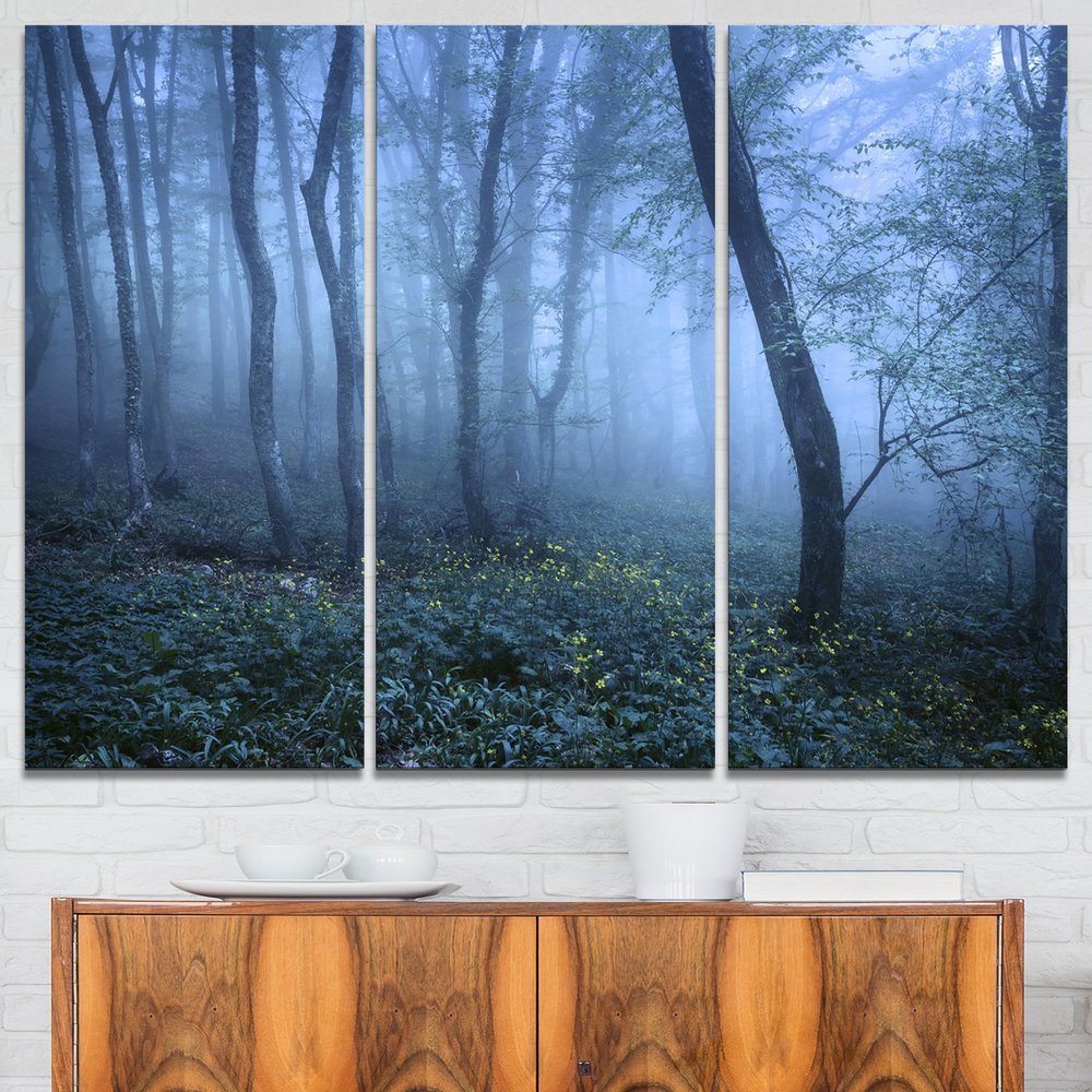 Designart Trail Through Blue Fall Forest-Landscape Photo Canvas Art Print-36x28in-Multipanel 3 Piece, 36x28-3 Panels